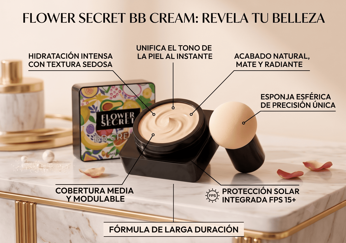 El Secreto de una Piel Impecable: BB Cream Flower Secret con Control de Brillos.